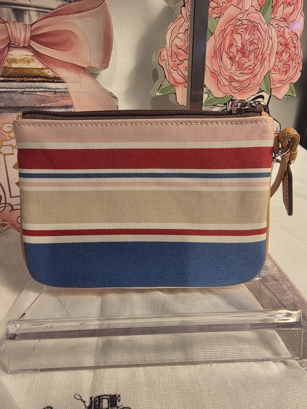 Coach Striped Canvas Wristlet in Blue, Red, Pink, Cream & Tan - Picture 4 of 6